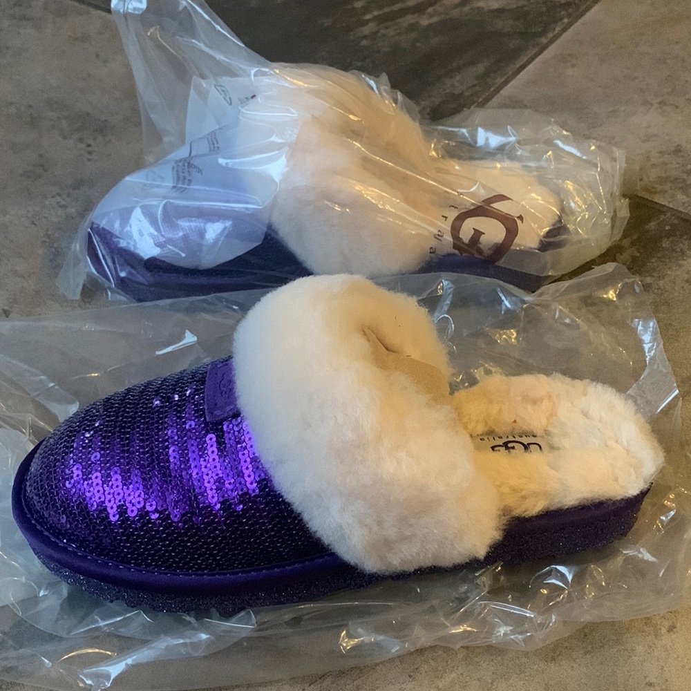 Purple sparkly UGG slippers